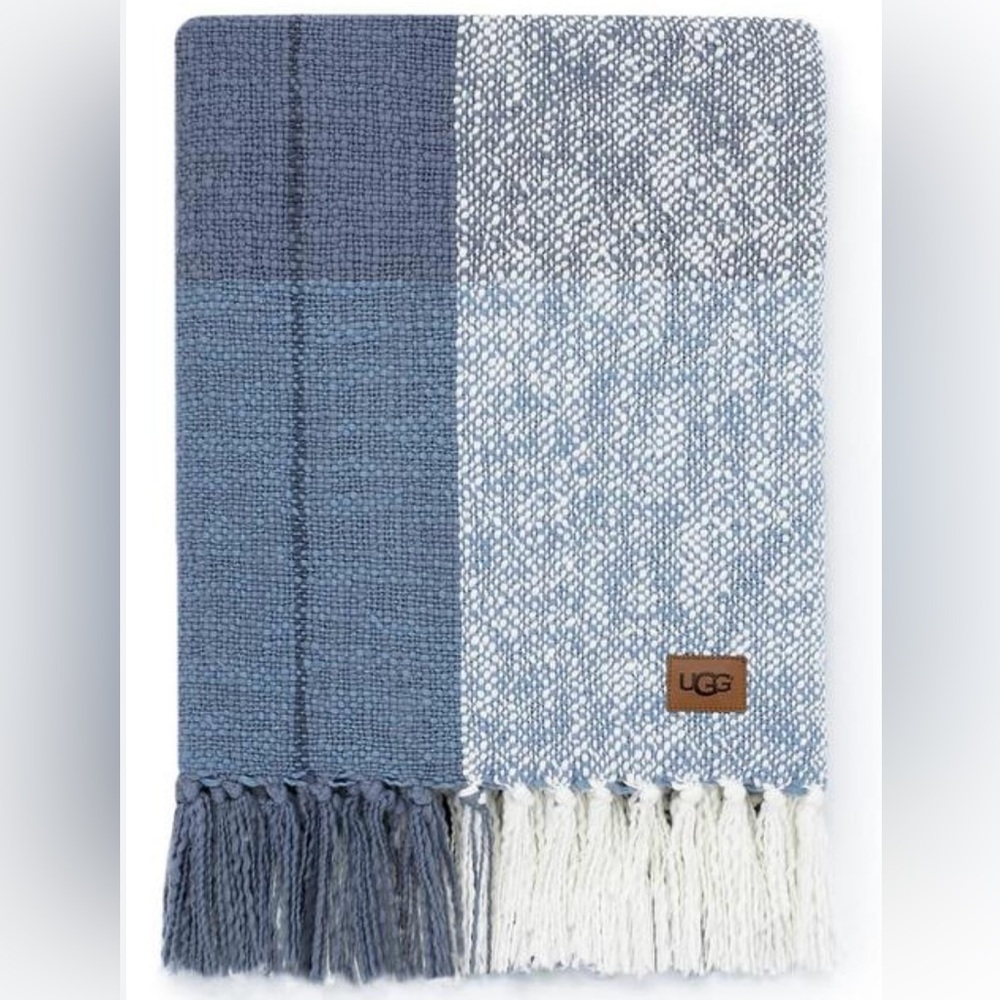 UGG Benson Blue Plaid Fringed Throw Blanket 70”x50” Z - Picture 1 of 6